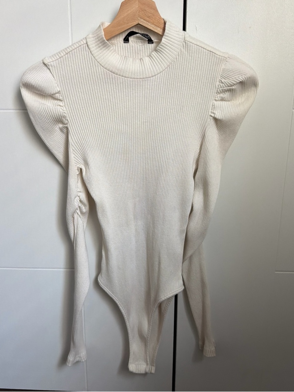 SHEIN Cream Ribbed Puff-Sleeve Mock Neck Bodysuit